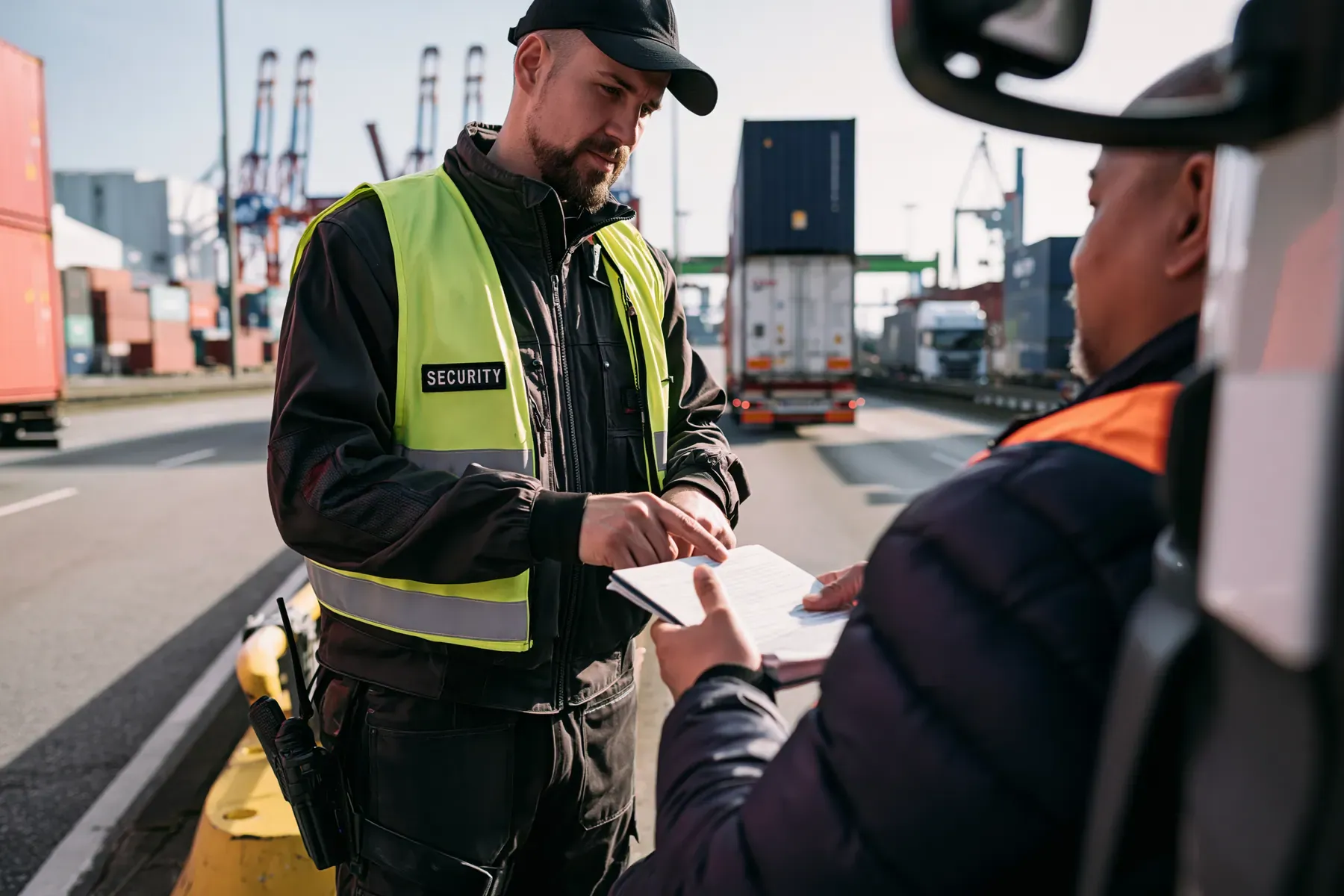 Prüfung der Frachtpapiere am Lastwagen auf einem Containergelände
