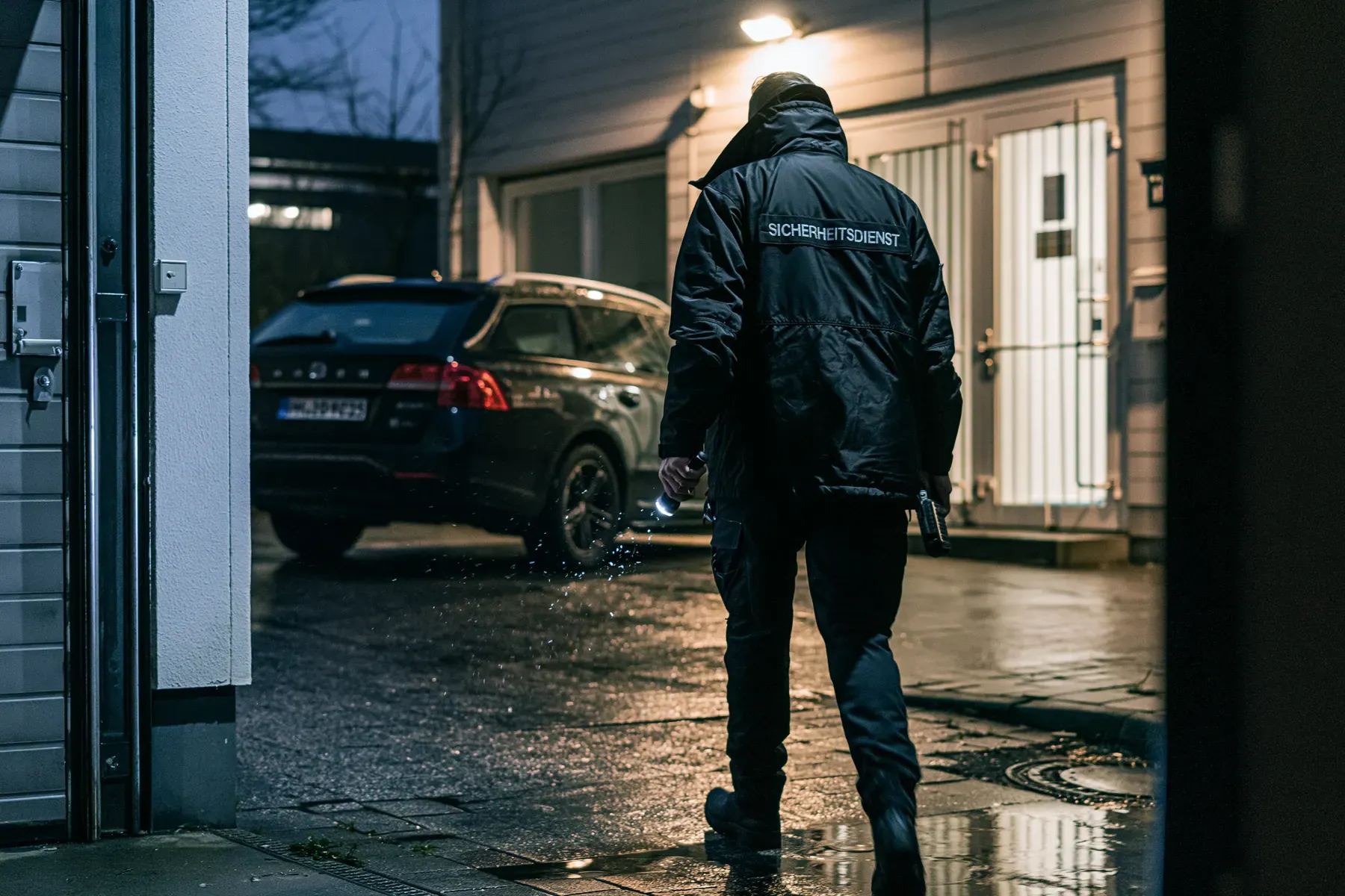 Kontrollgang auf einem Betriebshof bei Dunkelheit
