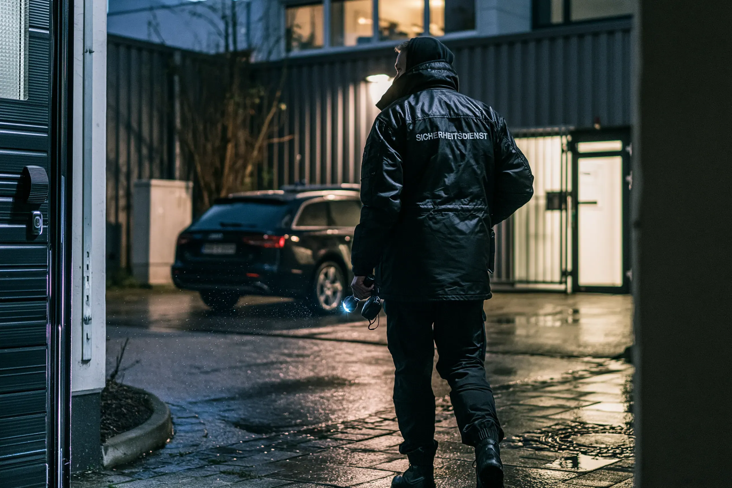 Kontrollgang bei Nacht auf einem Betriebshof